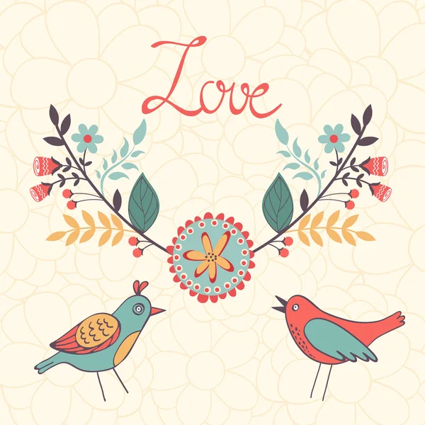 Elegante tarjeta de amor con pájaros y corona floral — Vector de stock