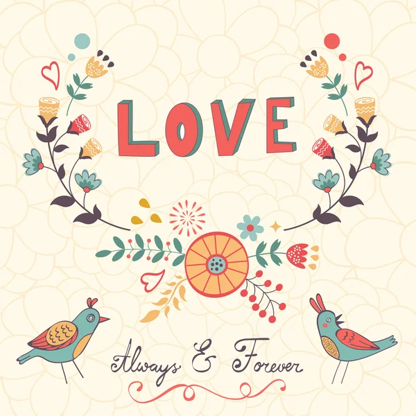 Cartão de amor elegante com pássaros e grinalda floral — Vetor de Stock