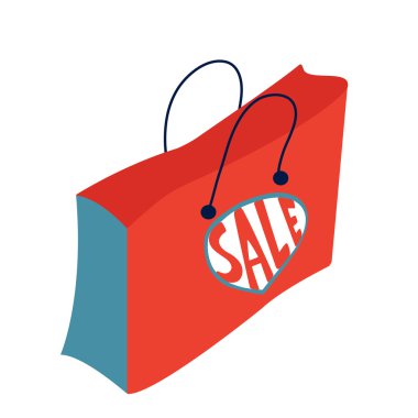 Satış için kavram kartı. Satılık kelime ile alışveriş çantası