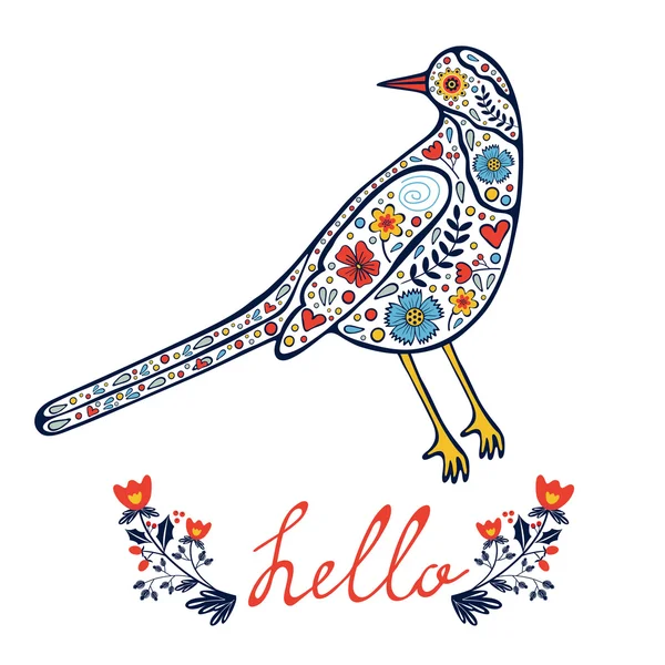 Tarjeta Concept hello con pájaro decorativo floral — Vector de stock