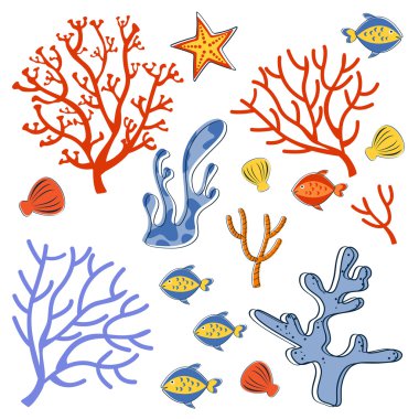 Cute collection of sea weeds, corals and fishes