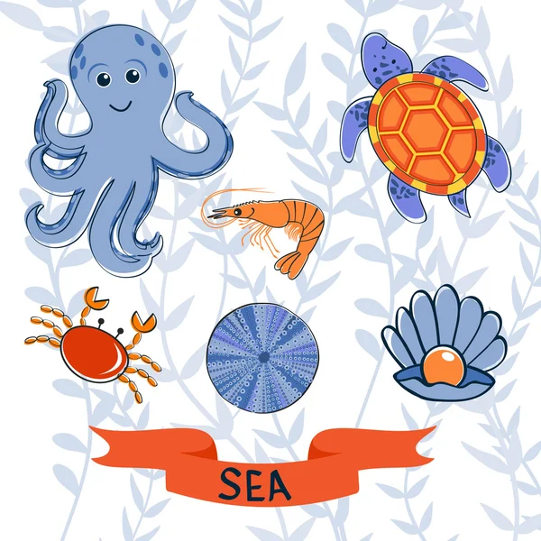 Criaturas marinas colección colorida — Vector de stock