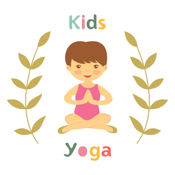 Linda tarjeta de yoga para niños con niña — Vector de stock