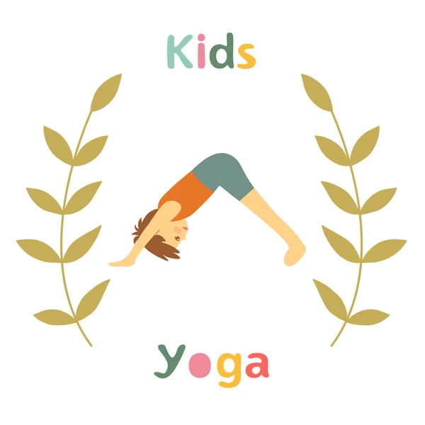 Schattig yoga kids kaart met kleine jongen doen yoga — Stockvector