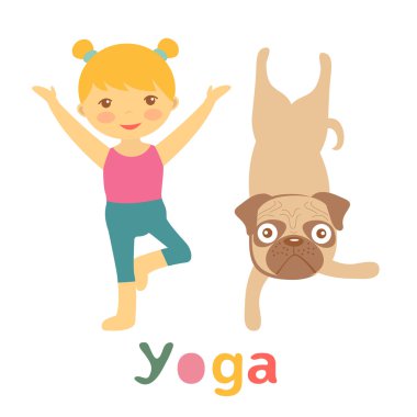 Küçük kız ve yoga yaparken pug
