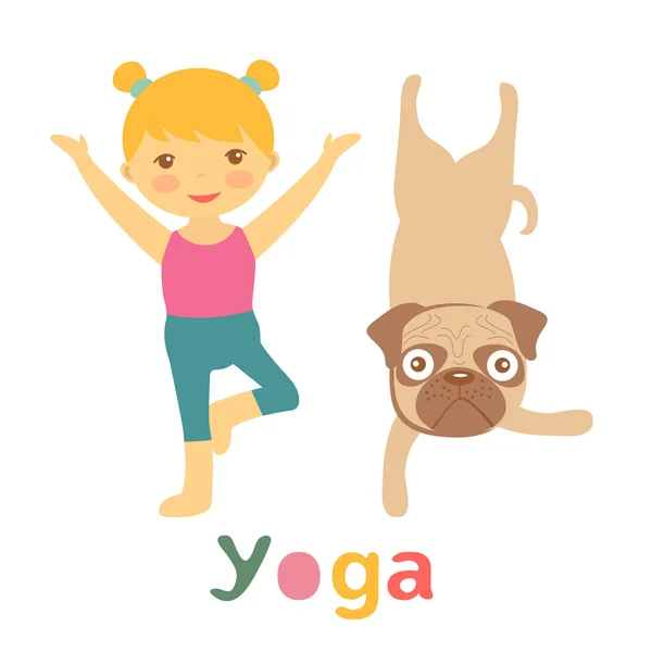 Klein meisje en pug doen yoga — Stockvector