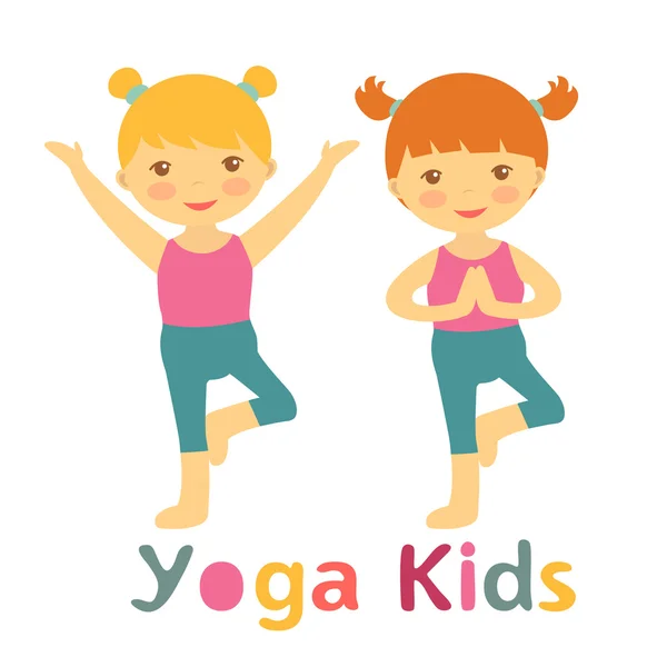 Linda tarjeta de yoga para niños con niñas haciendo yoga — Vector de stock