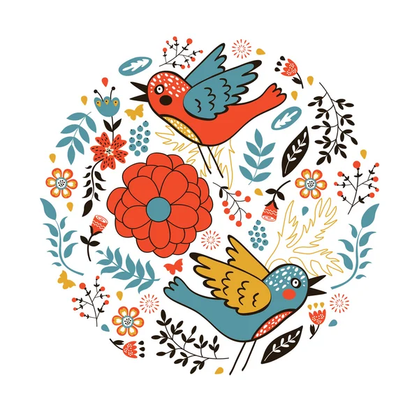 Elegante composición redonda con pájaros y flores — Vector de stock