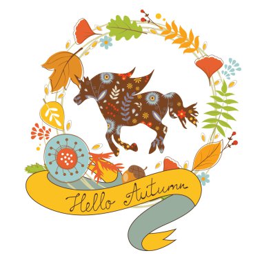 Çiçek tek boynuzlu at ve çelenk ile sonbahar kart Merhaba