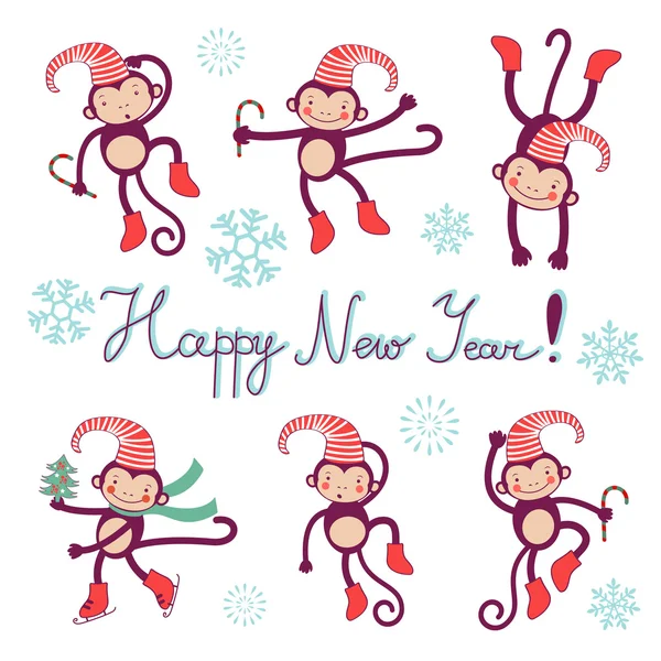 Happy new year card with monkeys - symbol of 2016 new year — Stock Vector