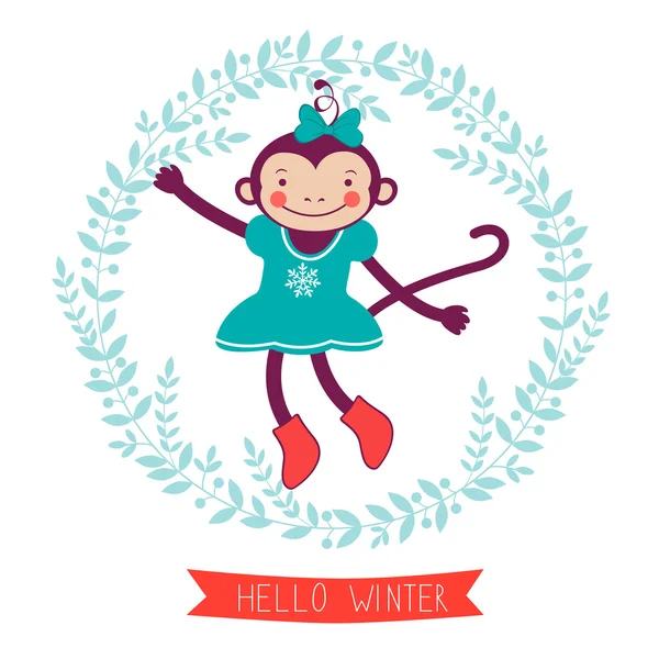 Hello winter concept card with monkey - symbol of 2016 new year — Stock Vector