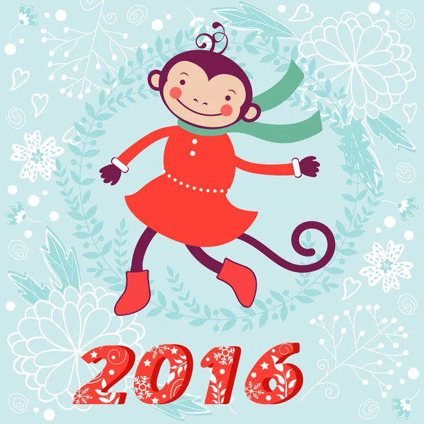 Bonita tarjeta con lindo personaje mono divertido - símbolo de nuevo 2016 año — Vector de stock