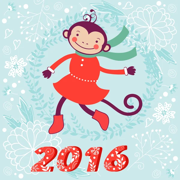 Cute card with cute funny monkey character - symbol of new 2016 year — Stock Vector