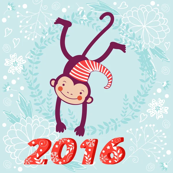 Cute card with cute funny monkey character - symbol of new 2016 year — Stock Vector