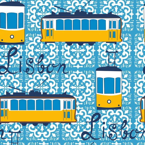 Värikäs saumaton kuvio tipical Lissabonin raitiovaunu — vektorikuva