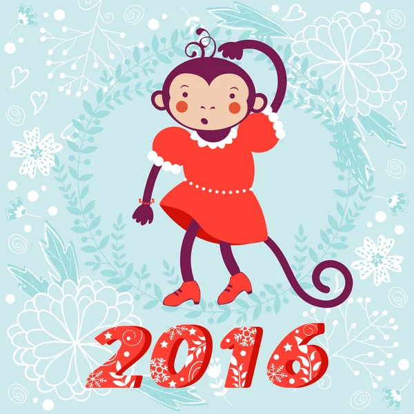 Söta kort med söt rolig apa karaktär - symbol för nya 2016 år — Stock vektor