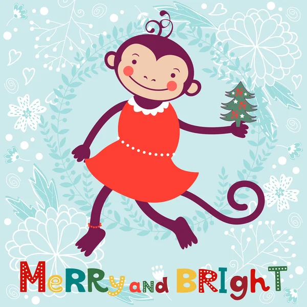 Merry and bright Cute card with cute funny monkey character - symbol of new 2016 year — Stock Vector