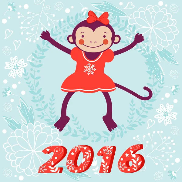 Cute card with cute funny monkey character - symbol of new 2016 year — Stock Vector