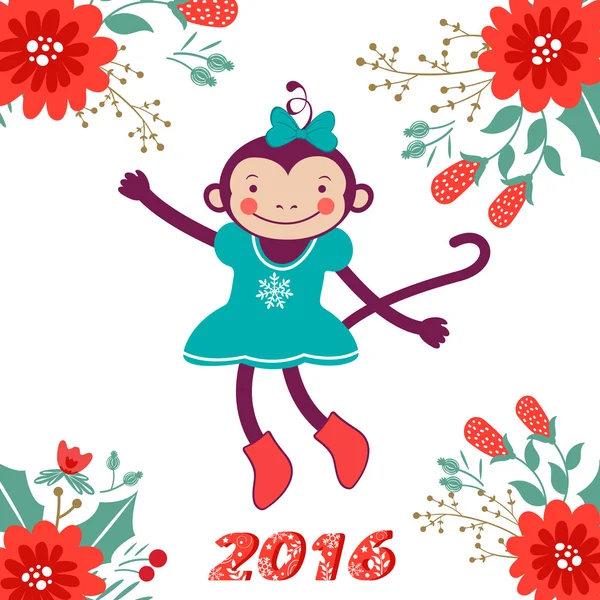 Символ нового 2016 года - милая открытка с милым смешным обезьяньим персонажем — стоковый вектор