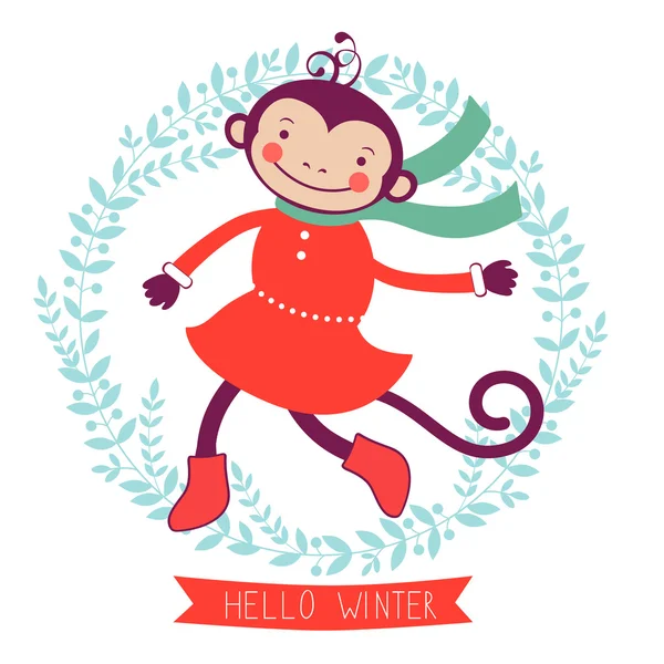 Hello winter concept card with monkey - symbol of 2016 new year — Stock Vector