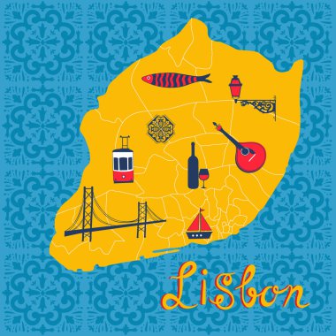 Colorful stylized map of Lisbon with tipical icons and illustrations clipart
