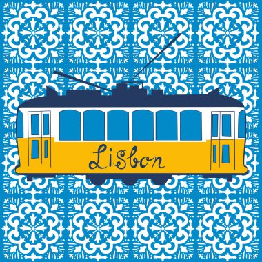 Geleneksel Lizbon tramvay renkli çizimi 