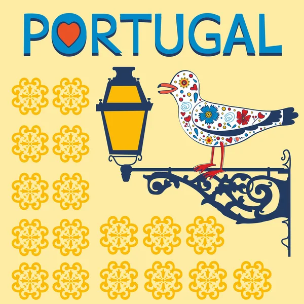 Concepto con linterna típica portuguesa y gaviota floral — Vector de stock