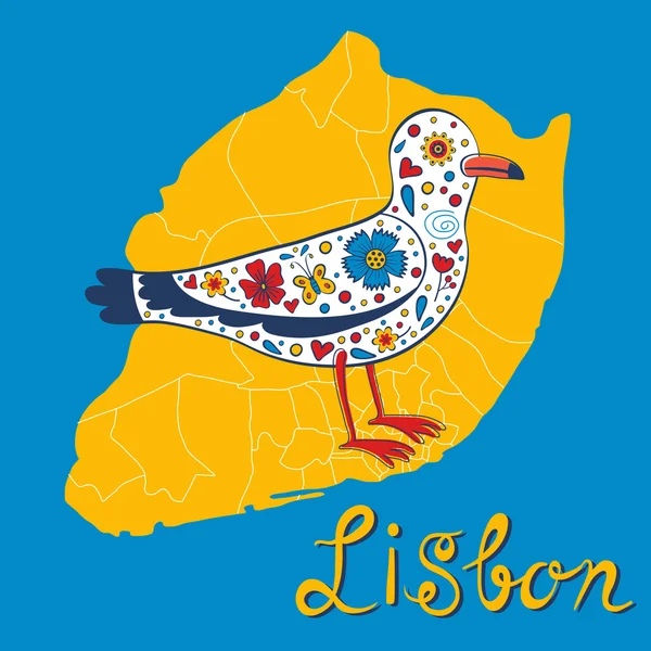 Tarjeta de colores con mapa de Lisboa y gaviota — Vector de stock