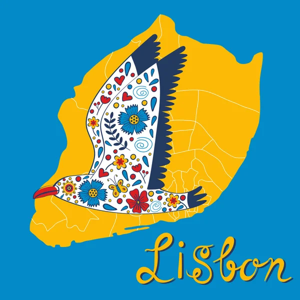 Színes karton térképet a lisszaboni és a sirály — Stock Vector
