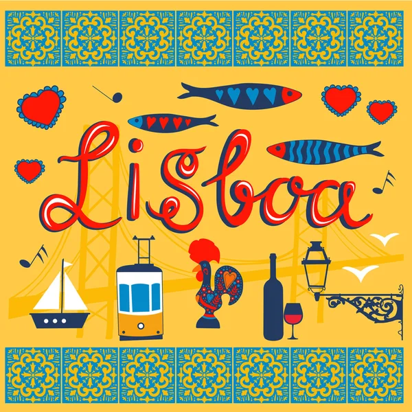 Coleção típica de ícones relacionados com Lisboa — Vetor de Stock