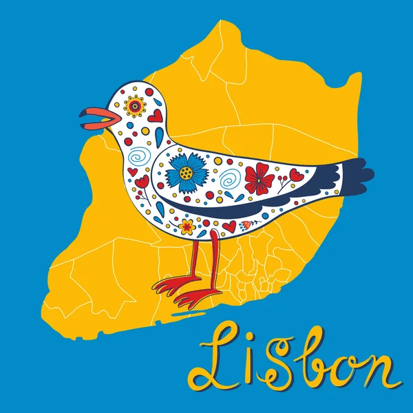 Tarjeta de colores con mapa de Lisboa y gaviota — Vector de stock