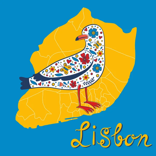 Tarjeta de colores con mapa de Lisboa y gaviota — Vector de stock