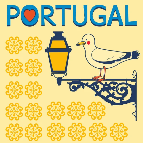 Tarjeta conceptual con linterna típica portuguesa y gaviota — Vector de stock