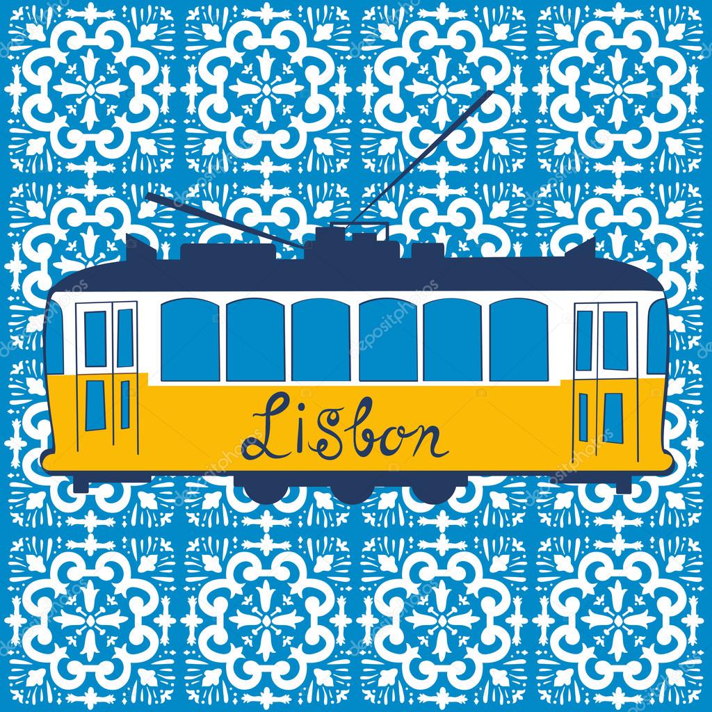 Colorful illustration of traditional Lisbon tram 