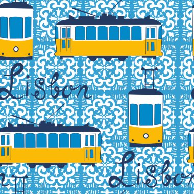 Tipik Lizbon tramvay ile renkli seamless modeli