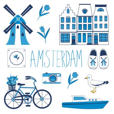 Colorful Amsterdam related icons set clipart