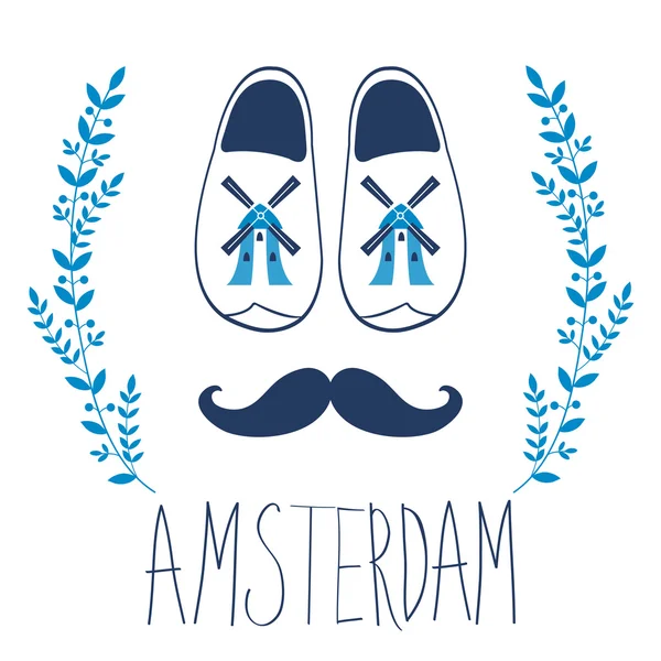 Barevné složení Amsterdam s boty a knírek — Stockový vektor