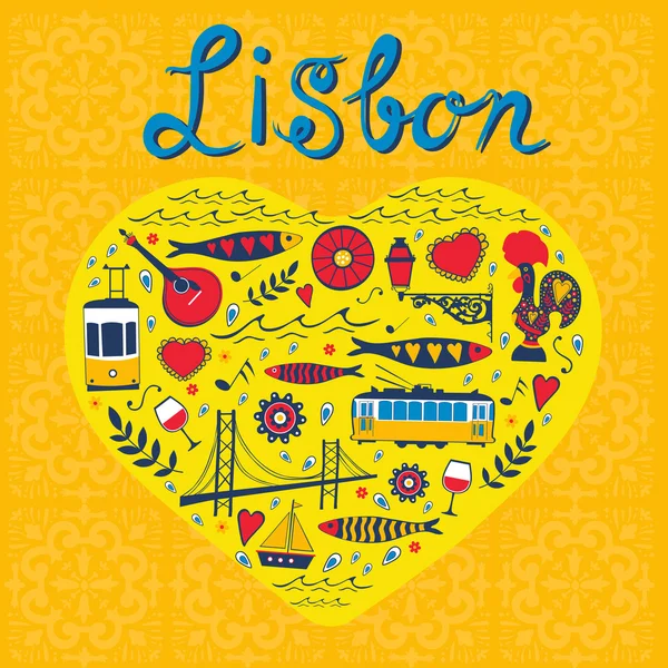 Tarjeta de concepto de viaje. Ilustración del amor por Lisboa - corazón con iconos vectoriales — Vector de stock