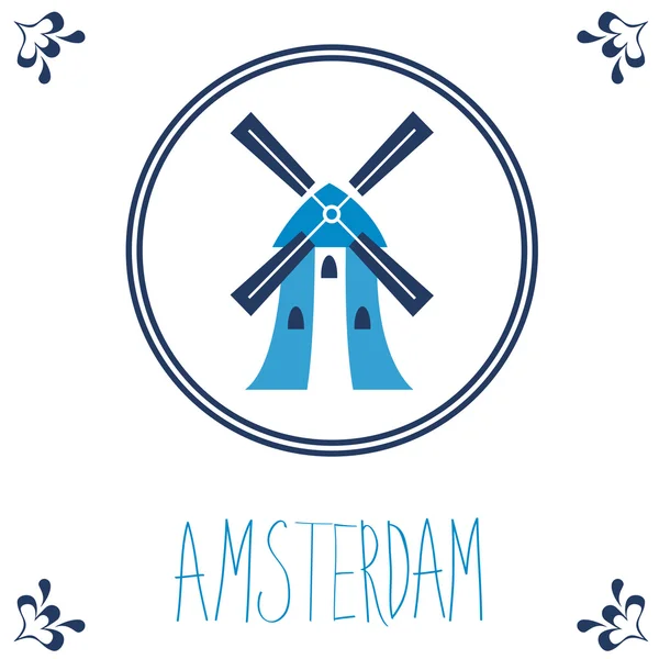 Azulejo azul holandés con molino de viento — Vector de stock