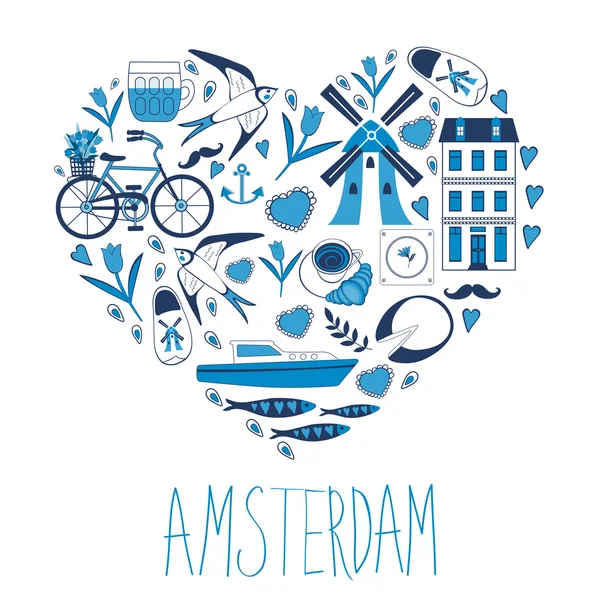 Cartão de conceito de viagem. Ilustração do amor por Amsterdam — Vetor de Stock