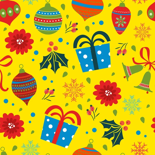 Christmas background with balls bells flowers — Stock Vector