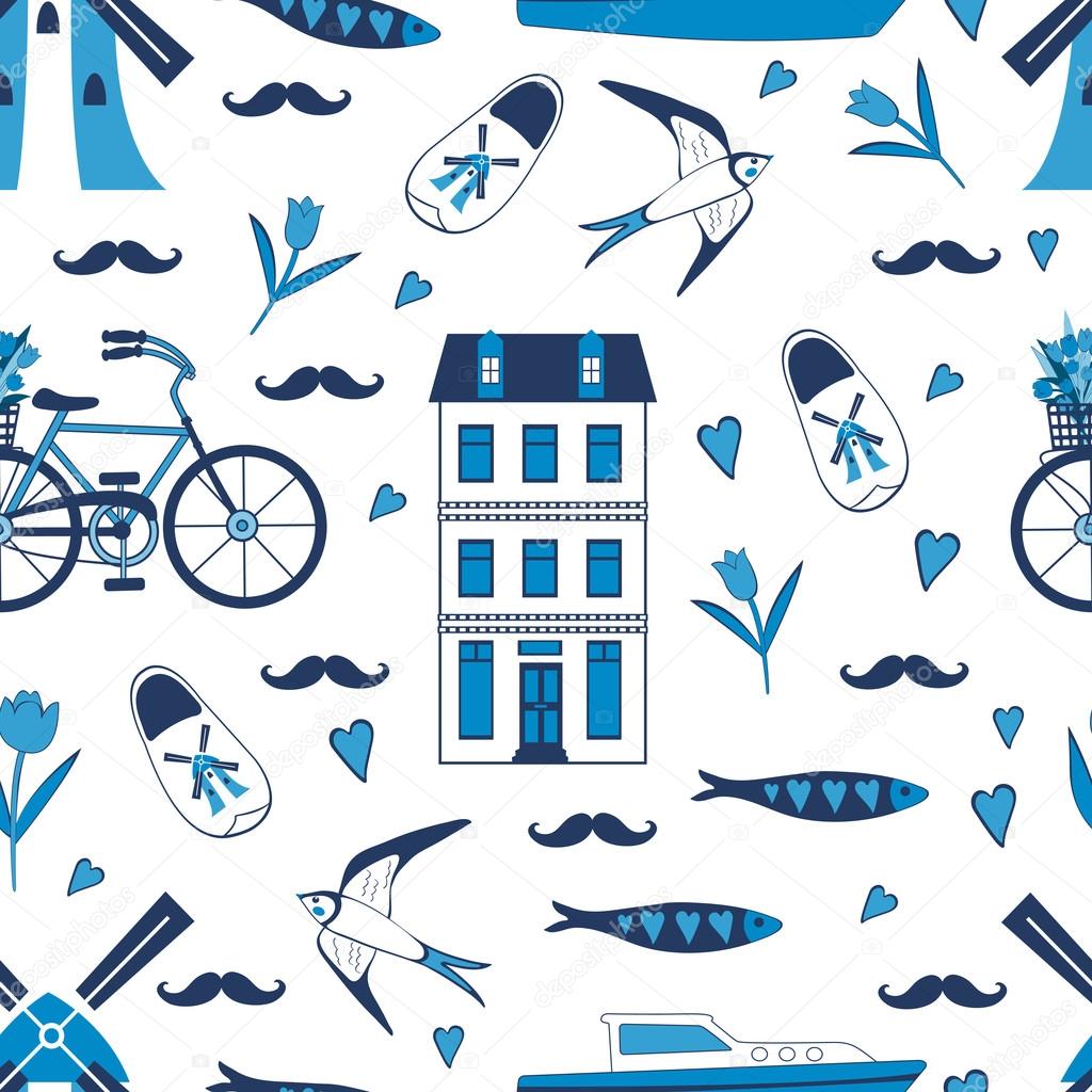 Colorful Amsterdam icons seamless pattern