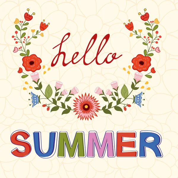 Hello summer vector typography on floral background — Stock Vector