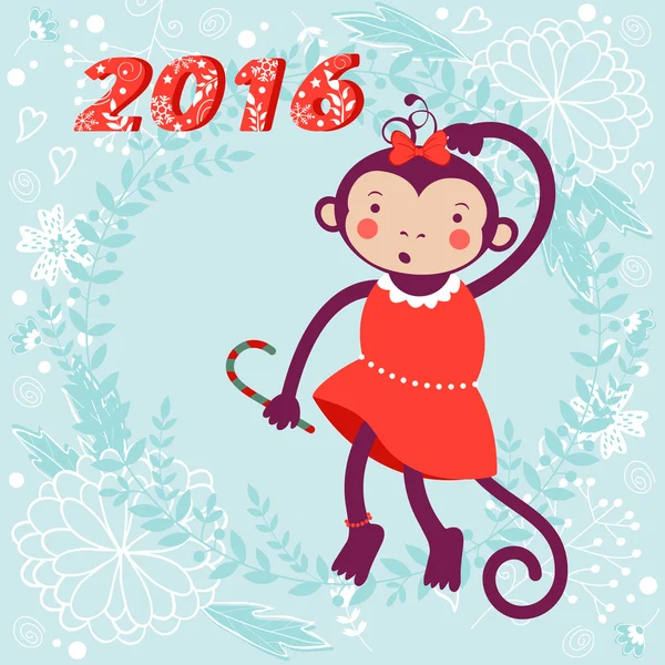 Cute card with cute funny monkey character - symbol of new 2016 year — Stock Vector