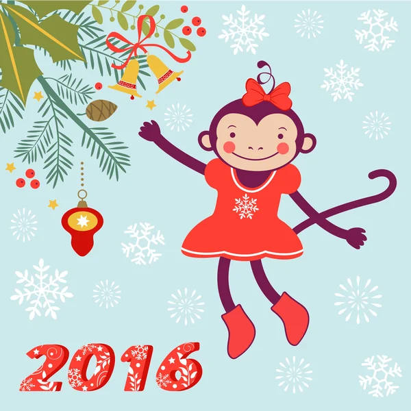 Cute card with cute funny monkey character - symbol of new 2016 year — Stock Vector