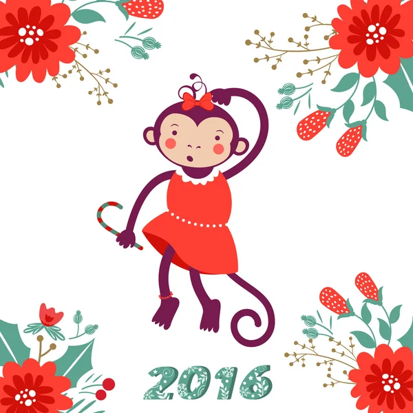 Bonita tarjeta con lindo personaje mono divertido - símbolo de nuevo 2016 año — Vector de stock