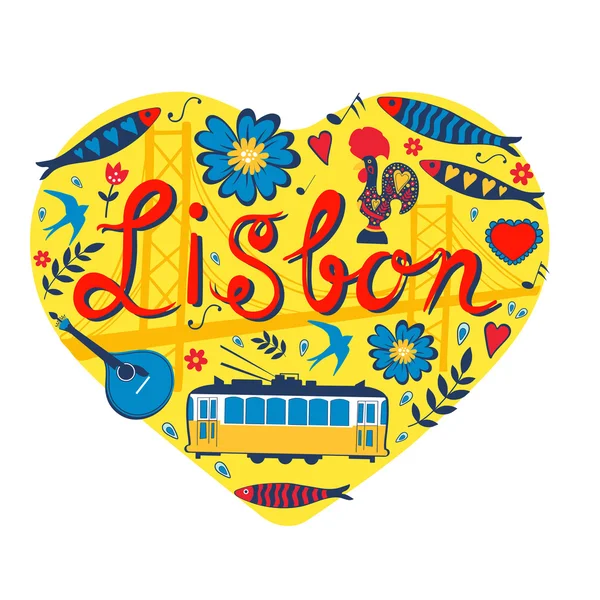 Ταξιδιωτική κάρτα έννοια. Απεικόνιση της αγάπης για τη Λισαβόνα — Διανυσματικό Αρχείο