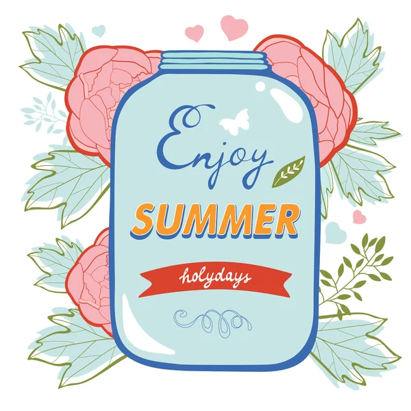 Enjoy summer card with flowers and glass jar — Stock Vector