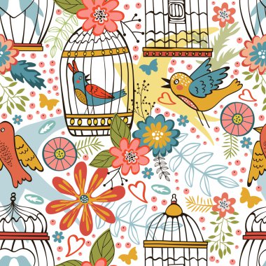 Çiçek, kuş kafesleri ve kuşlar ile zarif desen