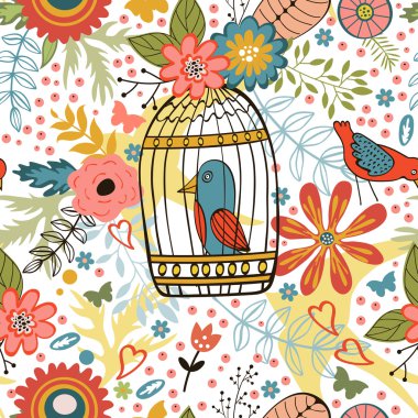 Çiçek, kuş kafesleri ve kuşlar ile zarif desen